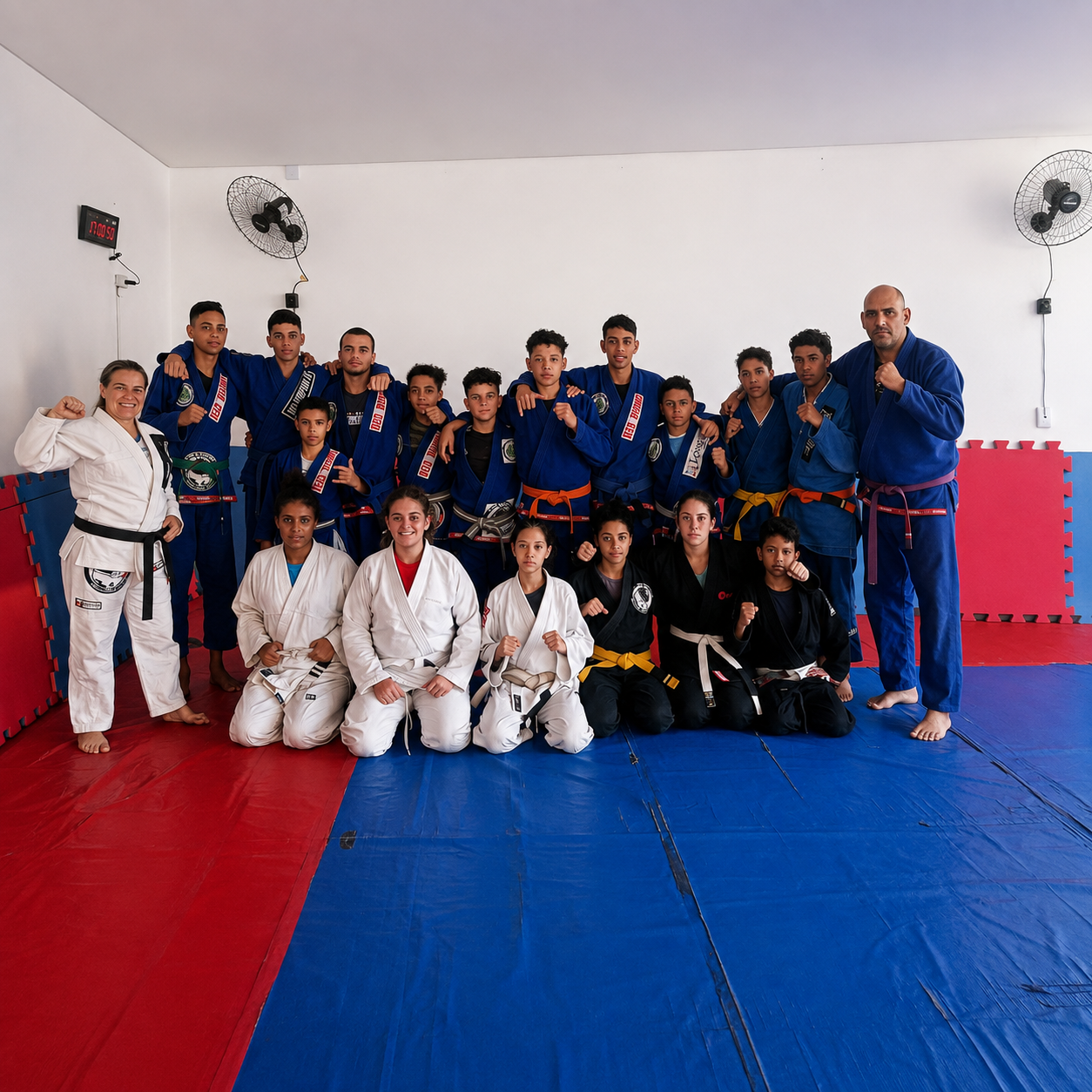 Crianças e professor treinando jiu-jitsu no tatame